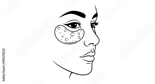 Woman's Face with Under-Eye Patches, Skincare and Beauty Treatment, Line Art Illustration