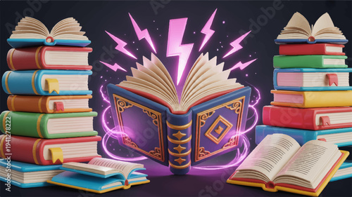 Open books with purple lightning stacks of colorful books on either side magical learning concept with glowing effects