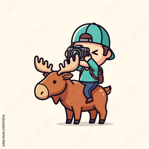 A cartoon illustration depicts a person on a moose taking a photograph. The person wears a cap, a green shirt and a backpack. The moose is brown with antlers