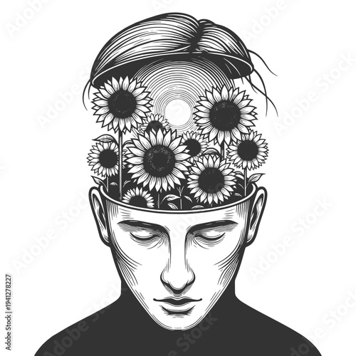 human head opened to reveal blooming sunflowers inside, growth, optimism, mindfulness, and positive thinking sketch engraving vector illustration. Scratch board. Black and white image.
