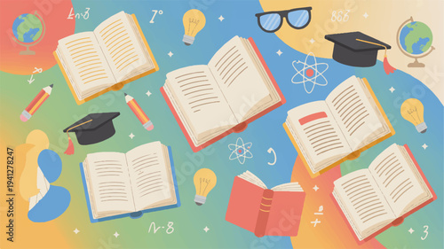 Colorful illustration of open books graduation caps and glasses on a vibrant background with educational symbols