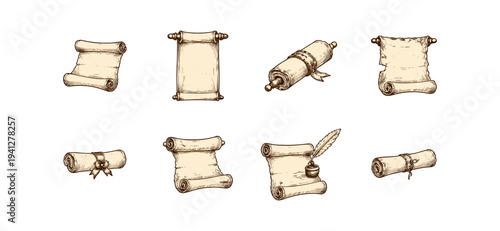 Collection of vintage scrolls and parchment with quill and inkwell for historical documents