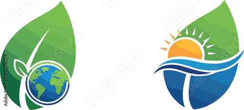 Set of 2 eco friendly logos vector, green leaf icons