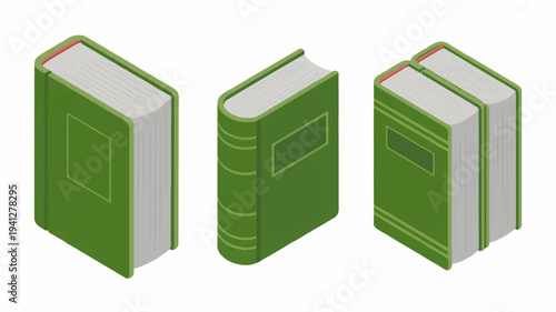 Three green books standing upright stacked with white pages on a plain white background symbolizing education literature and learning