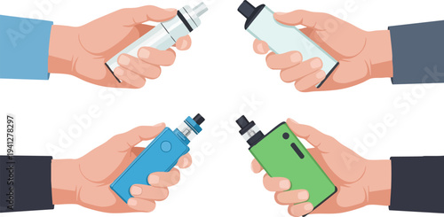 Set of 4 hands holding various colorful vape devices and electronic cigarettes, illustrating vaping culture and modern smoking alternatives vector