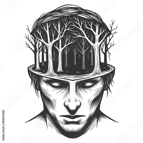 human head opened to reveal a dense forest inside, deep thoughts, mystery, subconscious mind, and inner complexity sketch engraving vector illustration. Scratch board. Black and white.