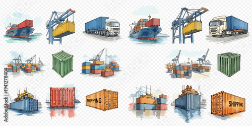 Watercolor illustration set of logistics and cargo transportation elements including ships, trucks, cranes, and containers for global shipping.