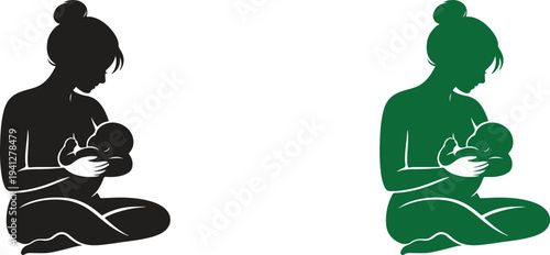 Mother breastfeeding baby, motherhood and newborn care concept, maternal love symbol, minimalist silhouette vector isolated on white background