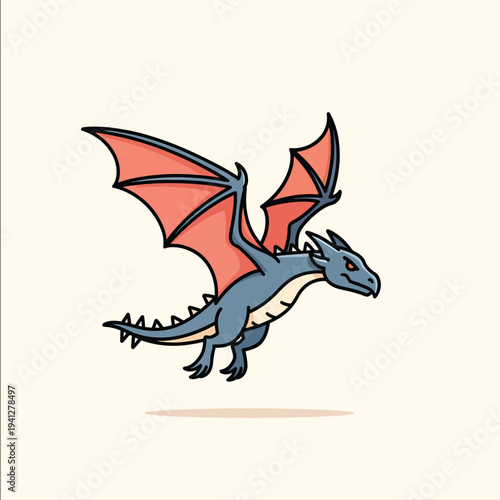 A cartoon dragon is shown in mid-flight with detailed wings spread and pointed tail, set against a soft, creamy background