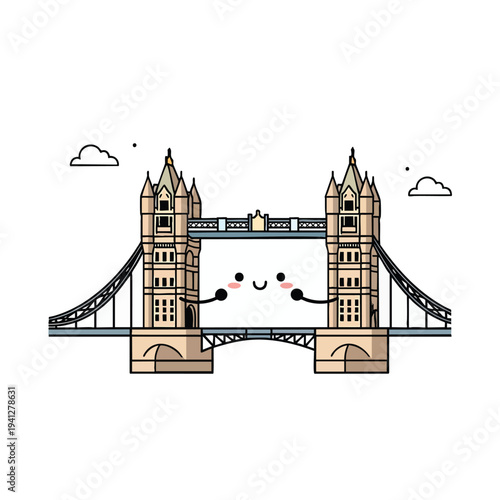 A cartoon depiction of a friendly bridge with a smiling face, arms, and rosy cheeks. Two clouds and a dot float in the background