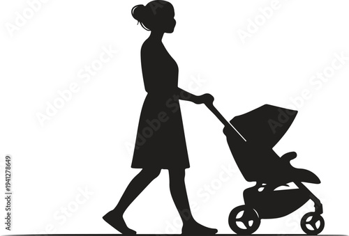 Mother walking with baby stroller, motherhood and parenting lifestyle concept, minimalist black silhouette vector isolated on white background