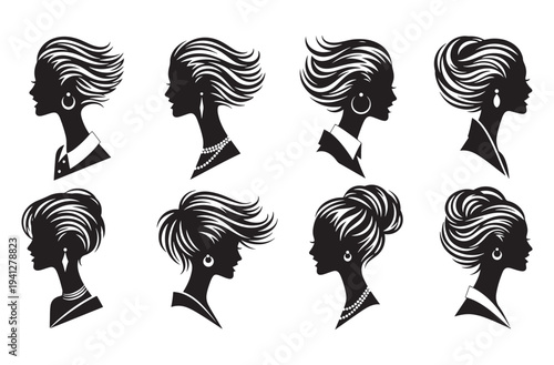 Elegant female profile silhouettes with stylized hair and accessories showcasing diverse hairstyles and sophisticated fashion for beauty and glamour themes