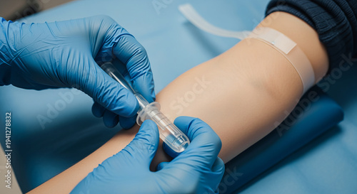 Healthcare Professional Using Syringe for Blood Sampling in Patient s Arm during Routine Check-Up