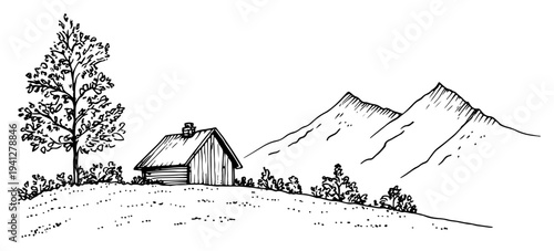 Minimalist sketch of a small mountain hut with a large tree on a grassy hill