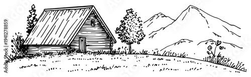 Hand drawn vector illustration of a rustic wooden cabin in front of mountain peaks and hills