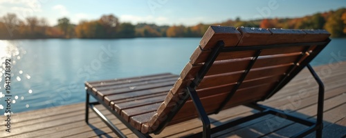 Wooden lounge chair on pier next to lake. Calm water, trees in background, sunny day. Perfect spot for relaxation and quiet contemplation by nature.