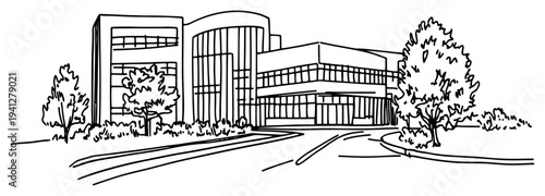 architectural sketch of a modern office building with a driveway and trees