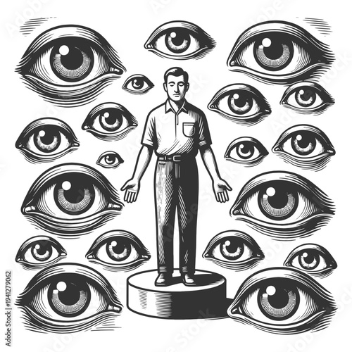 man standing on a pedestal surrounded by many watching eyes, symbolizing imposter syndrome, self doubt, and social pressure sketch engraving vector illustration.. Black and white image.