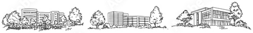 panoramic view of various modern buildings and trees in a sketch style