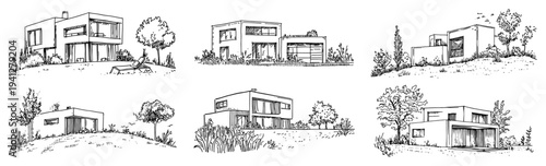 Collection of minimalist modern house sketches featuring contemporary architecture and garden designs