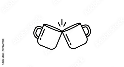 Two mugs clinking in a toast, celebrating friendship and good times, simple line art.