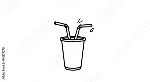 Two Straws in a Cup: Sharing a Drink, Friendship, Refreshment, Summer Vibes, Line Art