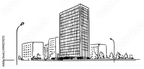 Black and white sketch of a city street with a modern glass office skyscraper