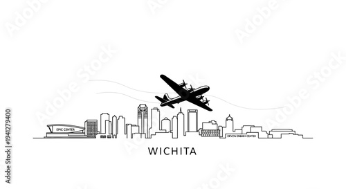 Wichita Skyline Silhouette with Airplane Flying Overhead