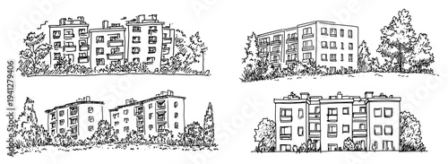 set of hand drawn illustrations showing multi story residential buildings