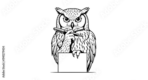 Wise Owl Holding Pen, Ready to Write, Symbol of Knowledge and Education