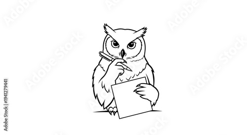 Wise Owl Writing Notes, Holding Pen and Paper, Black and White Illustration