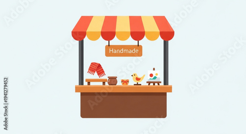 Handmade market stall with colorful awning and various craft items on display for sale outdoors