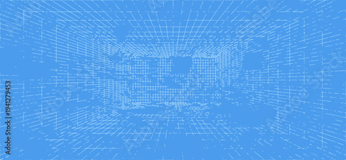 3d wireframe grid room. 3d perspective laser grid 16 9.. Cyberspace blue background with white mesh. Futuristic digital hallway space in virtual reality. Vector illustration.