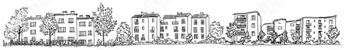 long panoramic hand drawn sketch of a residential street with apartment buildings