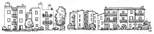 detailed sketch of classic residential buildings with balconies and plants