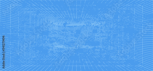 3d wireframe grid room. 3d perspective laser grid 16 9.. Cyberspace blue background with white mesh. Futuristic digital hallway space in virtual reality. Vector illustration.