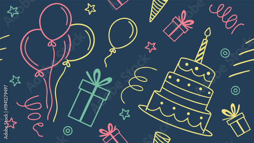 Happy birthday doodle celebration set with balloons cake gift fireworks party elements hand drawn vector collection
