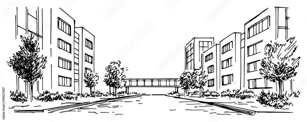 Fototapeta premium Hand drawn sketch of a modern university campus or office complex with a connecting walkway