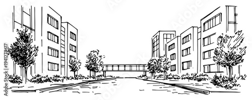 Hand drawn sketch of a modern university campus or office complex with a connecting walkway
