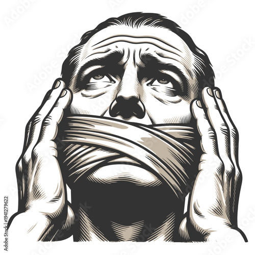 distressed man covering his mouth with cloth, censorship, suppression of speech, fear, and silence sketch engraving vector illustration. Scratch board imitation. Black and white image.