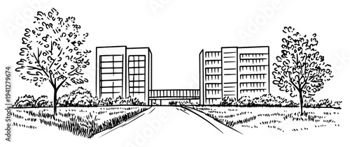 Sketch of an educational or office building complex featuring a pedestrian bridge and greenery
