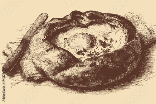 Adjarian Khachapuri illustration in a vintage style. This vector illustration can be used in any size you like for advertising, logos, and other work.
