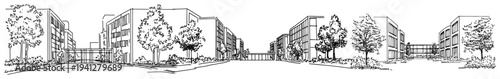 Wide view sketch of a modern office or educational campus with multiple buildings and trees