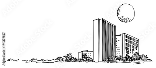 Hand drawn minimalist architectural sketch of modern skyscrapers under a large sun