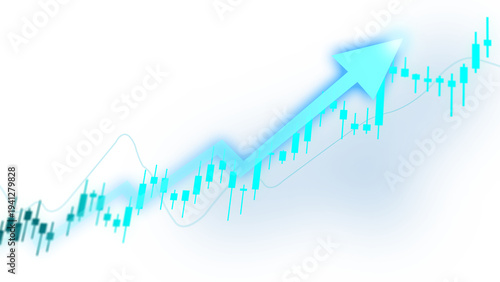 Slika na platnu Glowing turquoise financial graph with an upward trend arrow and candlestick cha