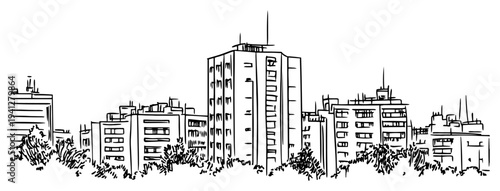 Detailed hand drawn panoramic view of city skyline with tall buildings and park trees