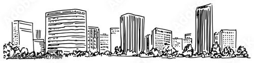 Gestural hand drawn panoramic architectural sketch of a dense urban city skyline