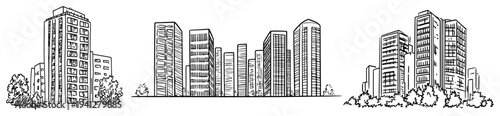 Collection of hand drawn minimalist architectural sketches showing various modern city skyscrapers