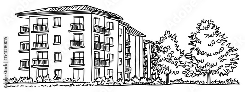 Detailed hand drawn architectural rendering of a multi family apartment building with balconies