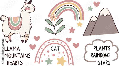 Vector boho clipart for nursery decoration with cute rainbows, moon, alpaca, llama, cloud, stars. Modern illustration. Perfect for baby shower, birthday, children's ... 
